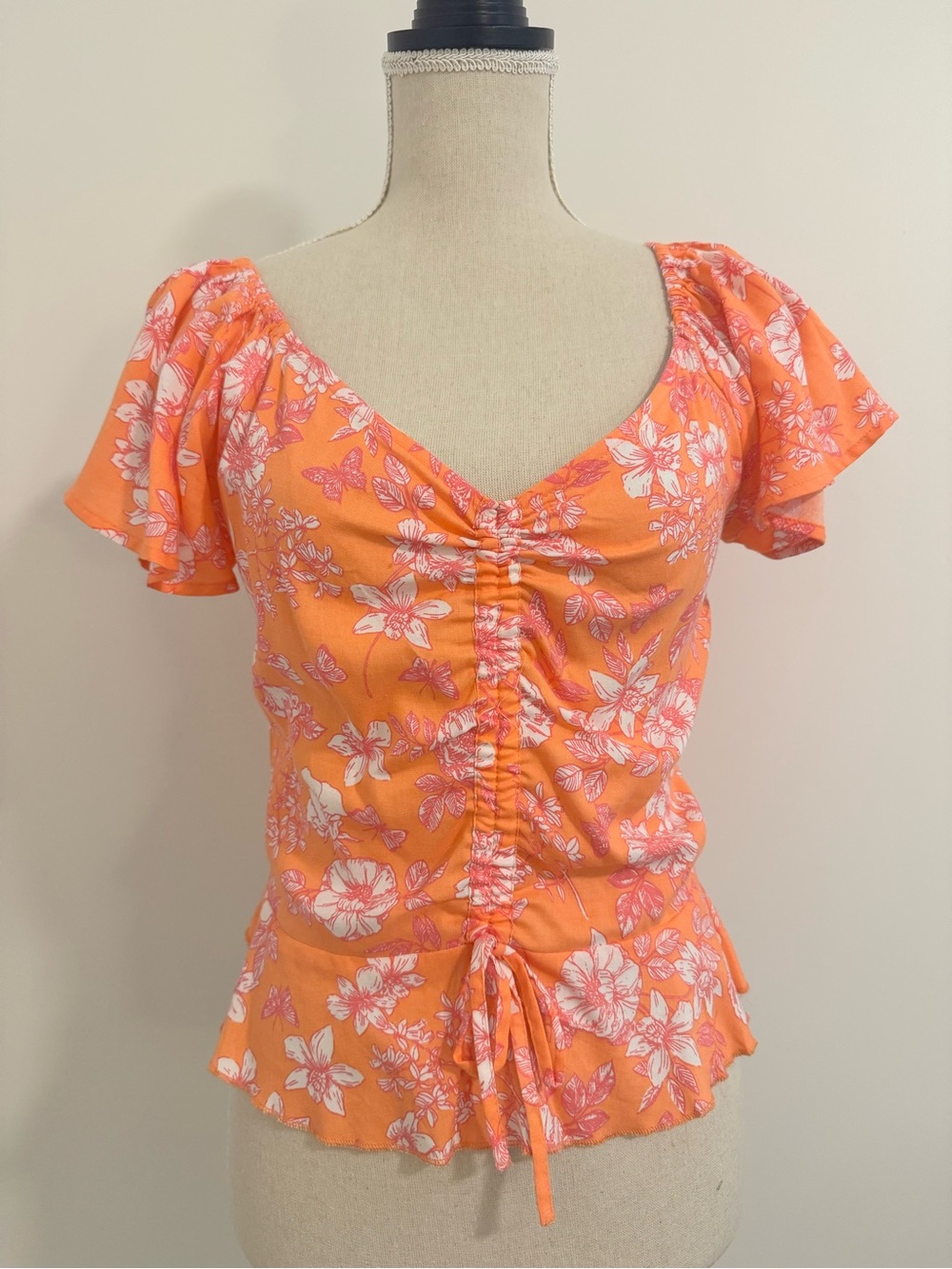 Jopna Orange Pink Floral Ruffled Blouse Size M